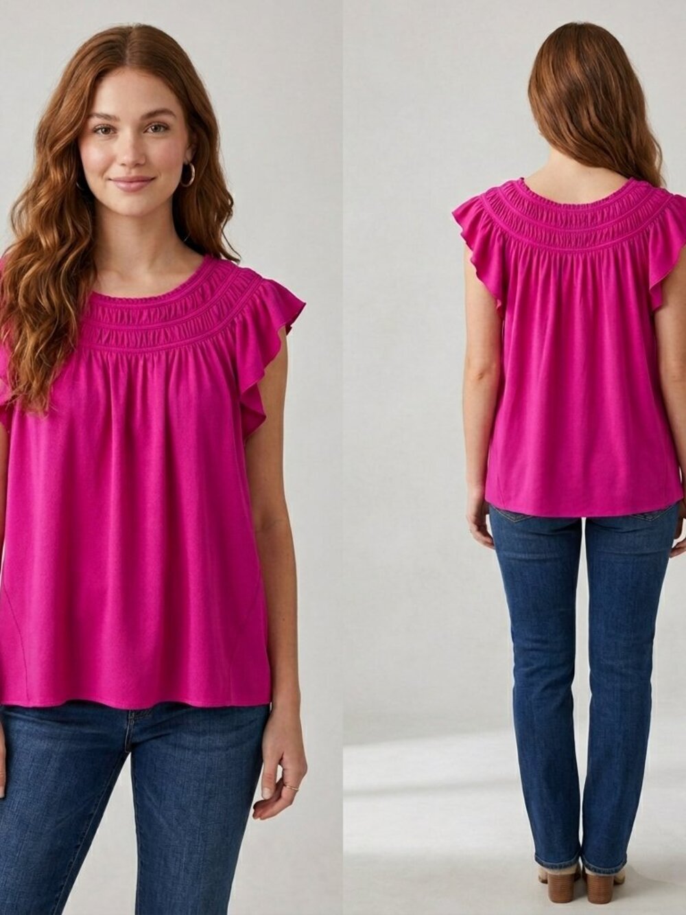 We The Free Free People Smocked Ruffle Blouse Magenta Pink Rayon Boho Top Size M